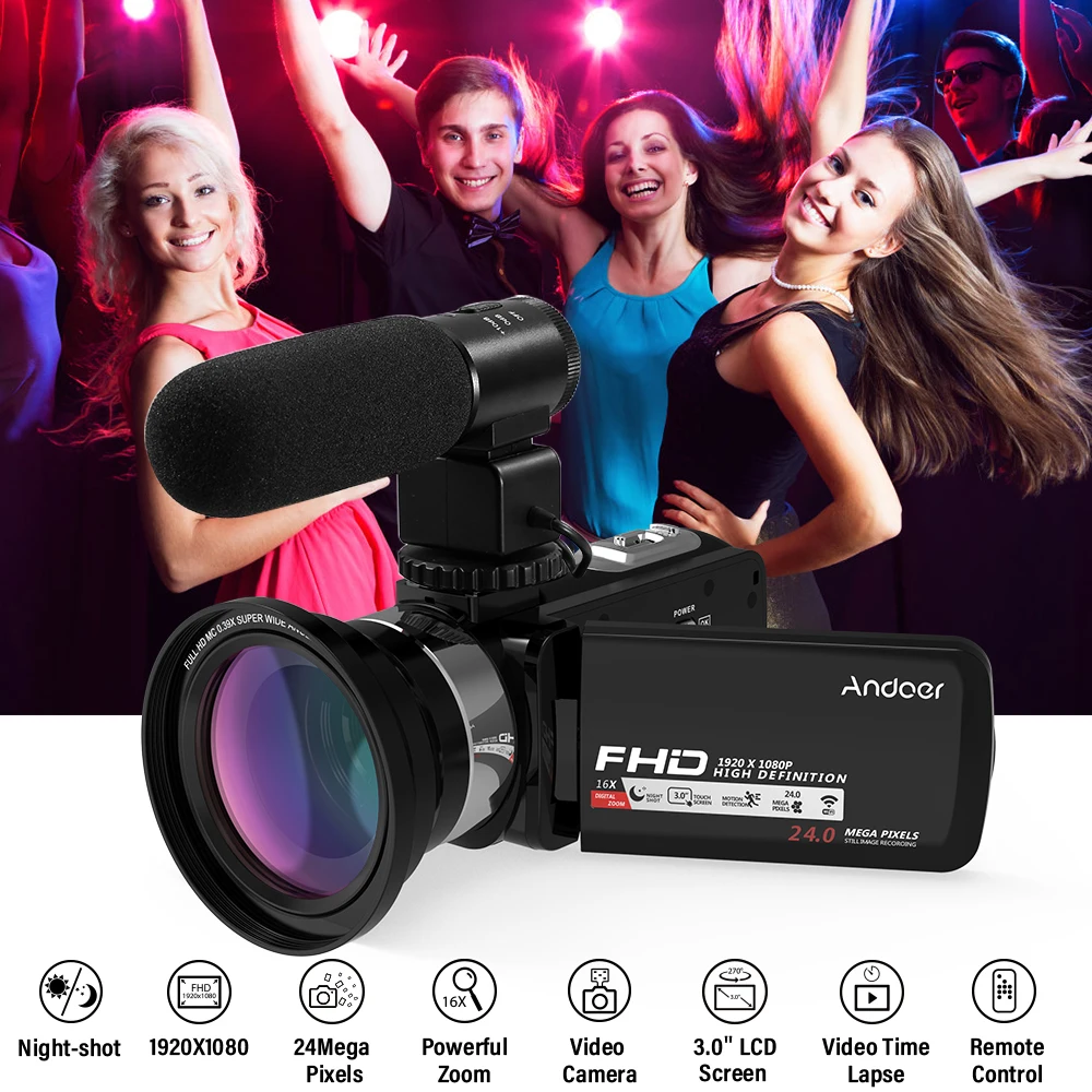 Andoer 1080P HD WiFi 3," lcd сенсорный экран ИК ночного видения портативная видеокамера+ микрофон+ 0.39X широкоугольный объектив