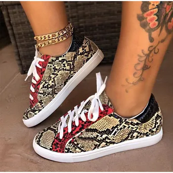 

Spring Women Sneakers Lace up Female PU Glitter Flats Vulcanized Shoes Fashion Snake Platform Shoes Woman Walking Footwear