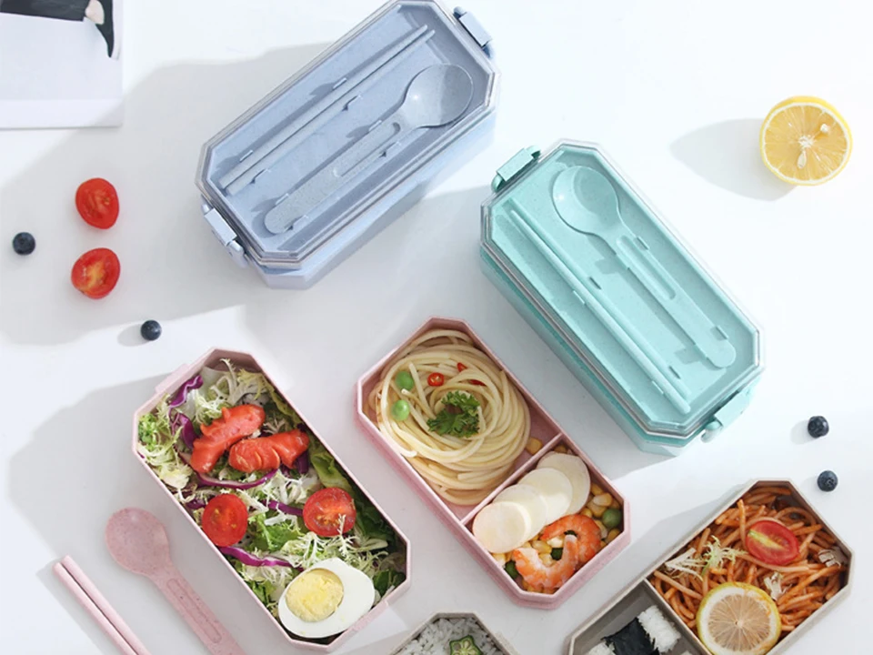 Microwavable Ланч-бокс контейнер для хранения еды Bento с ложками палочки для еды для детей два слоя для ланча бэнто