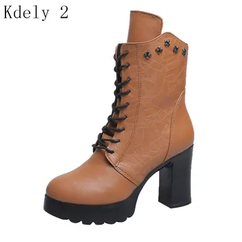 

Women Ankle Boots Platform High Heel Shoes Ladies Lace Up Rivet Buckle Strap Short Boots Casual Female Footwear