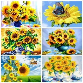 

AZQSD Oil Painting By Numbers Sunflower DIY Canvas Unframe Picture Handpainted Coloring By Numbers Floral Home Decoration