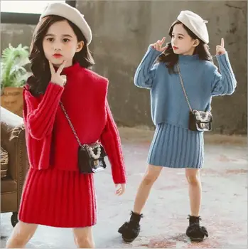 

girls sets Autumn winter cotton wool vest and knitting sweater dresses 2 pcs sets children Christmas outfit