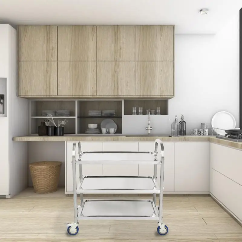 3Layers Stainless Steel Trolley Cart Catering Service Rolling Utility Cart Transport Storage Rack Restaurant Home Cart Shelf HWC