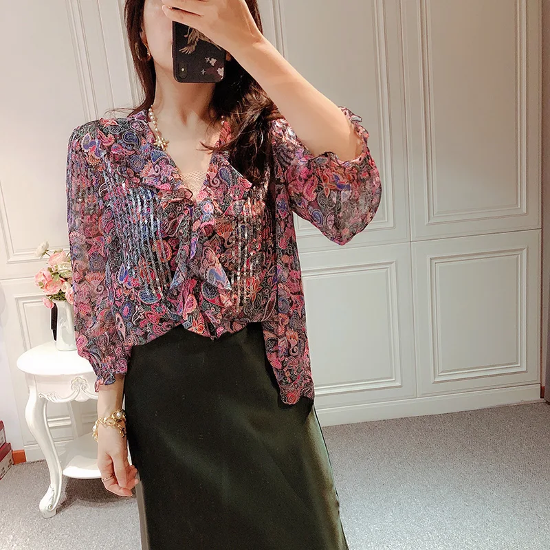

Women Shirt Neckline Fine Ruffled Chest Sequins 7-point Sleeve Print Shirt with Suspenders