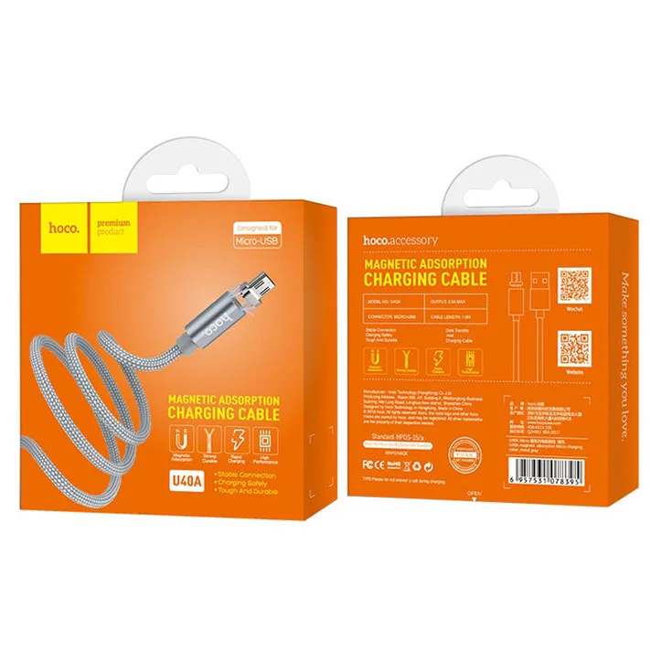 USB Kабель магнитный MicroUsb HOCO U40A adsorption micro charging cable 1 метр серый