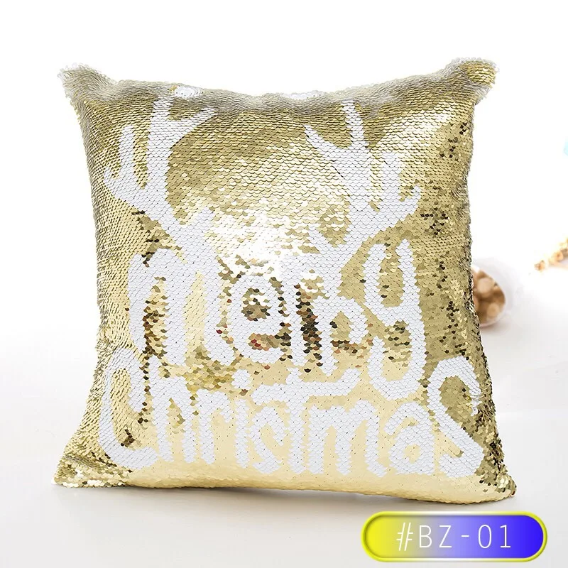 Pillow case 45* 45 White& Gold Christmas Snowflake Sleigh Deer Double Sequin Pillowcase Christmas Decoration Square Pillowcase