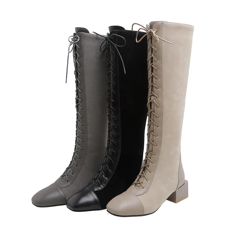 Skup MORAZORA 2020 top quality faux leather + flock buty do kolan kobiety zasznurować zip jesień buty zimowe kobieta buty na kwadratowym obcasie