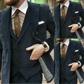 Tanie Ciemnoszary Sztruks Garnitury Męskie Biuro Dopasowana Dopasowana Kurtka Kamizelka Mężczyzna Marynarka Klapa Zamknięta Smokingi 3 Szt. Płaszcz I Kamizelka I Spodnie