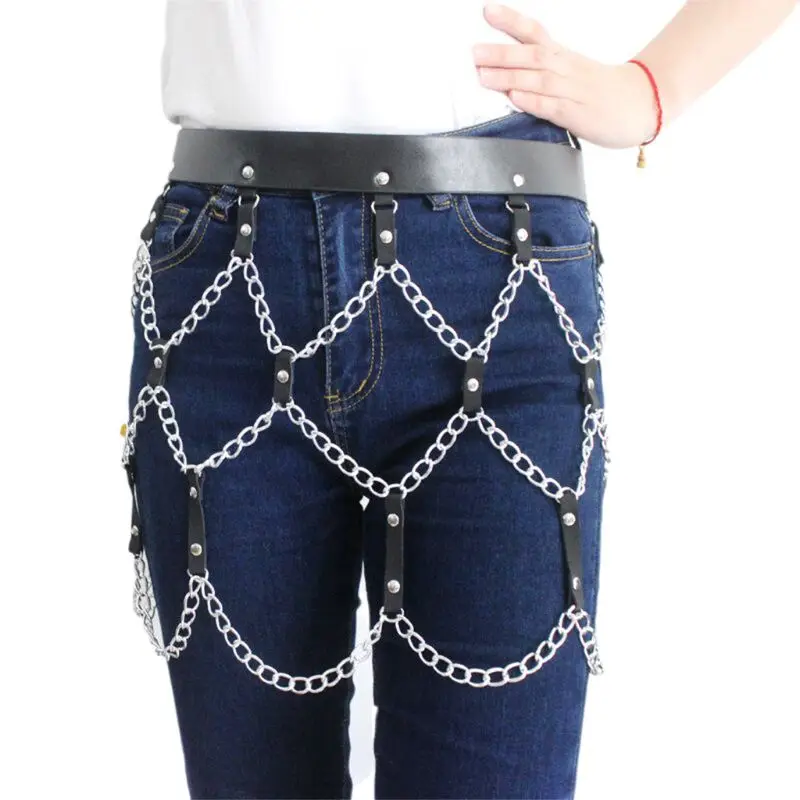 Женская Панк Сексуальная искусственная кожа поясной ремень Отрегулированная юбка жгут с металлическими цепочками B0KD