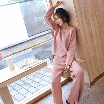 

High Quality Women's Knitting Two Piece Elegance Fashion Long Sleeves Knitting Pullover+Leisure Wide leg Pants Suit 2019 Autumn