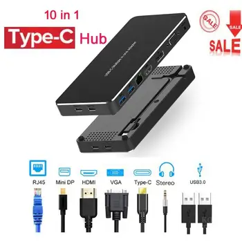 

New 10 in 1 Multi USB Type C HUB To USB 3.0 HDMI VGA RJ45 DP 3.5mm Jack PD charger Adapter docking station USB C hub converter
