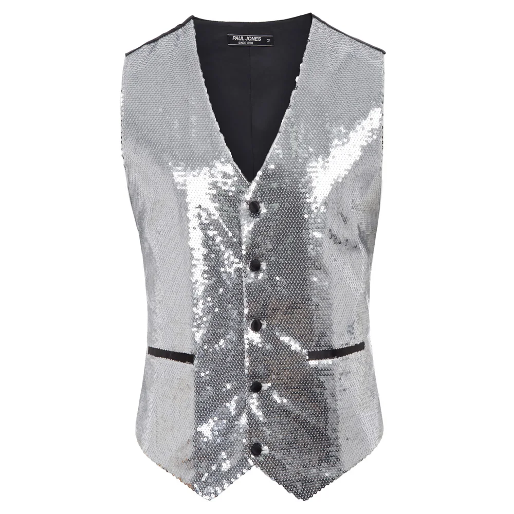 Men Sparkling Sequins Vest Coat Waistcoat Black/Silver slim V-Neck Handkerchief Stylish Single brea