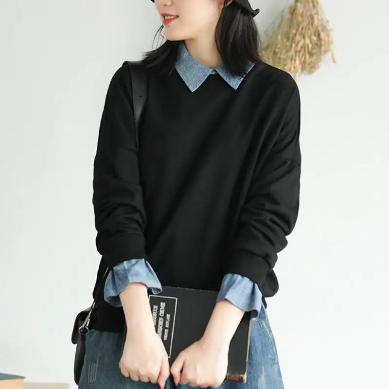 Johnature Patchwork Leisure Hoodies Turn-down Collar Pullovers Full Sleeve Casual Fake Two Pieces New Autumn Women Clothes