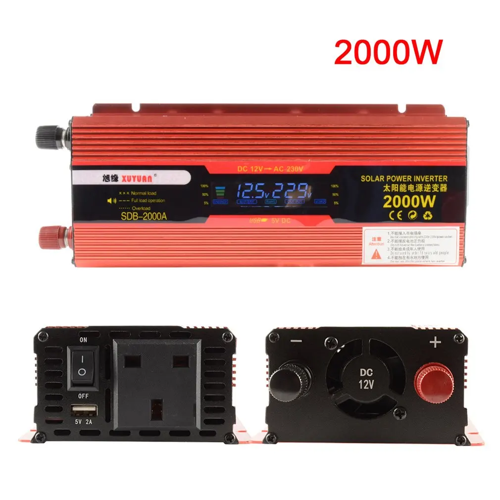 

XUYUAN 2000W Car Power Inverter DC 12V To AC 220V Converter LCD Display USB Charger Adapter Portable Auto Modified Save UK