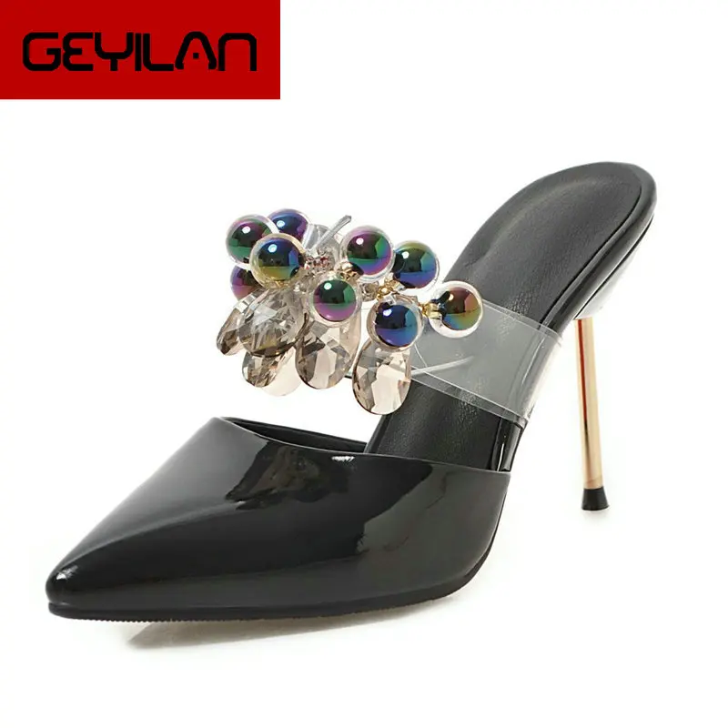 

2019 Women Summer Fashion Crystal Sandals Pointed Toe Sexy Thin High Heels Slippers Slip On Party Dress Shoes Plus Size 43
