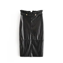 Стиль осенней женской в году тонкий, с высокой талией PU искусственная кожа прямой трубки и длиной до колена юбка