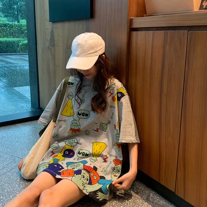 Корейская футболка с короткими рукавами женская летняя Студенческая свободная Свободная рубашка с коротким рукавом в стиле Харадзюку 1