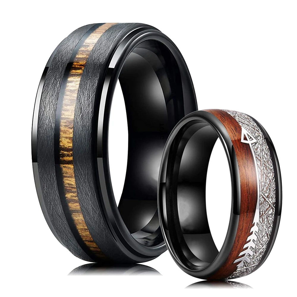 Wedding Rings 8mm Men Tungsten Inlay Hawaiian Koa Wood And Meteorites Matte Brushed Finish