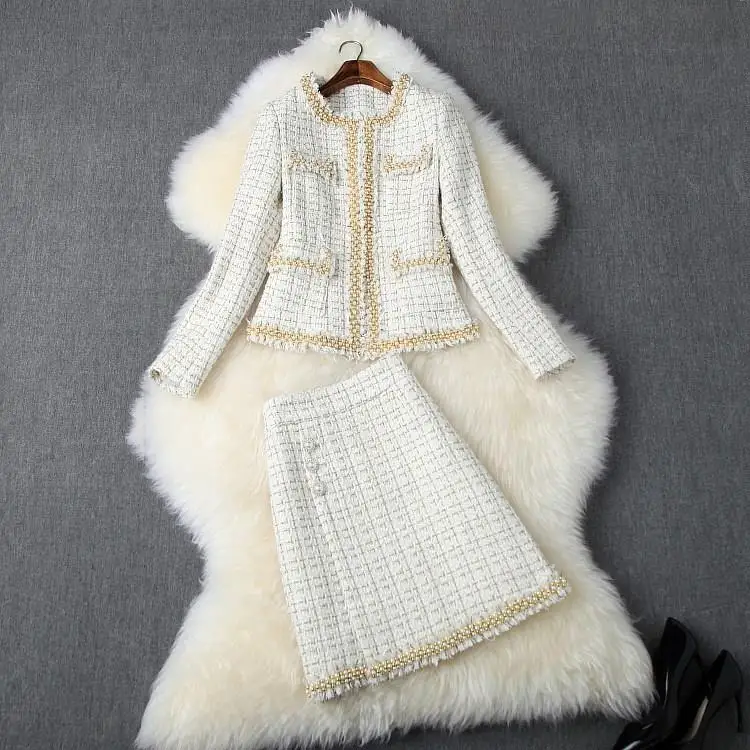 

Autumn Winter Women Formal Tweed Jacket Suit Pockets Pearls Beading Small Pocket Mini Skirt Suit Two Piece Outfits