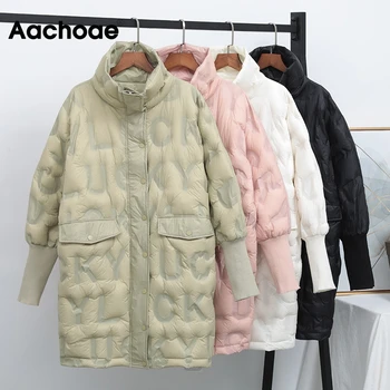

Aachoae Solid Thick Warm Winter Coat Parka Women Stand Collar Casual Fluffy Parka Pocket Lantern Long Sleeve Korean Style Jacket