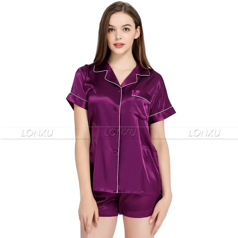 Женский Атласный пижамный комплект, пижама с коротким рукавом, пижама S~ 3XL Plus - Color: Solid Purple