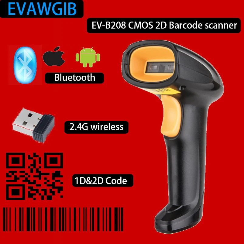 EVAWGIB EV-B208 1D/2D Barcode Scanner Wireless Bar Code Scanner Bluetooth QR Cheapest 2.4GHz Barcode Reader