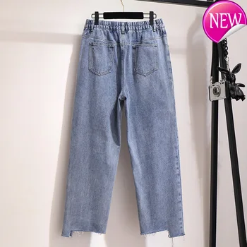 

Winter Plus Autumn Size Jeans for Women Large Loose Casual Elastic Waist Straight Denim Long Pants Wathet 4xl 5xl 6xl 7xl