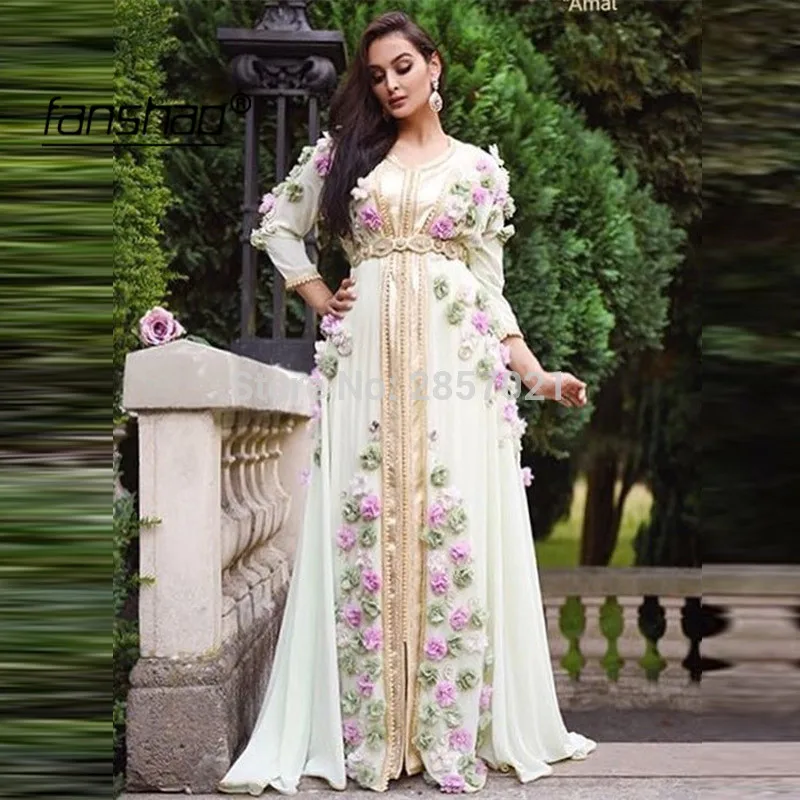

Cheap Muslim Evening Dresses Chiffon Moroccan Kaftan 3D Flowers Simple Saudi Arabic Special Occasion Party Dress Plus Size