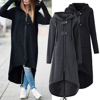 

2019 Autumn Winter Hooded Long Sleeve Zip Sweatshirt Hoodies Coat Women Solid Long Jacket Irregular Hem Black Outwear Plus Size