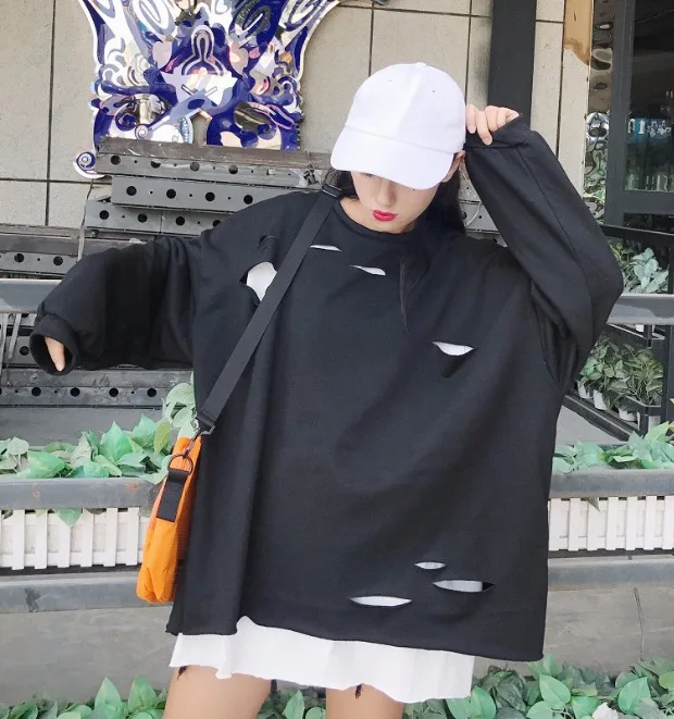 Модный свитер, топ Femme, Осенний корейский Ulzzang Harajuku, с дырками, поддельный, 2 предмета, пуловер с длинными рукавами, толстовки, женские