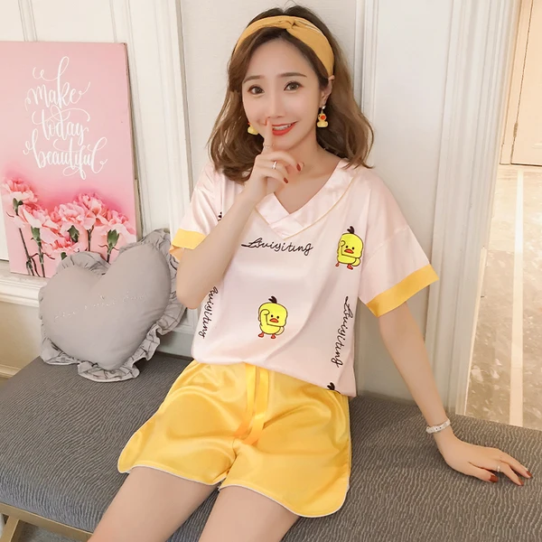 Women Slik Pajamas Set Spring Autumn New Thin Printed Long Sleeve Cute Sleepwear Casual Homewear Female Pyjamas | Женская одежда