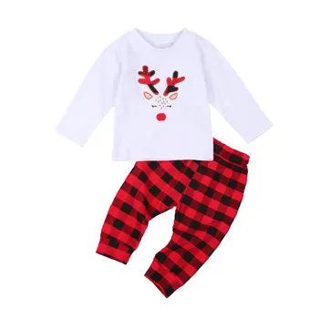 オンライン クリスマス新生児女の子の服クリスマス鹿トップスtシャツチェック柄ロングパンツ2個クリスマス衣装幼児幼児服セット