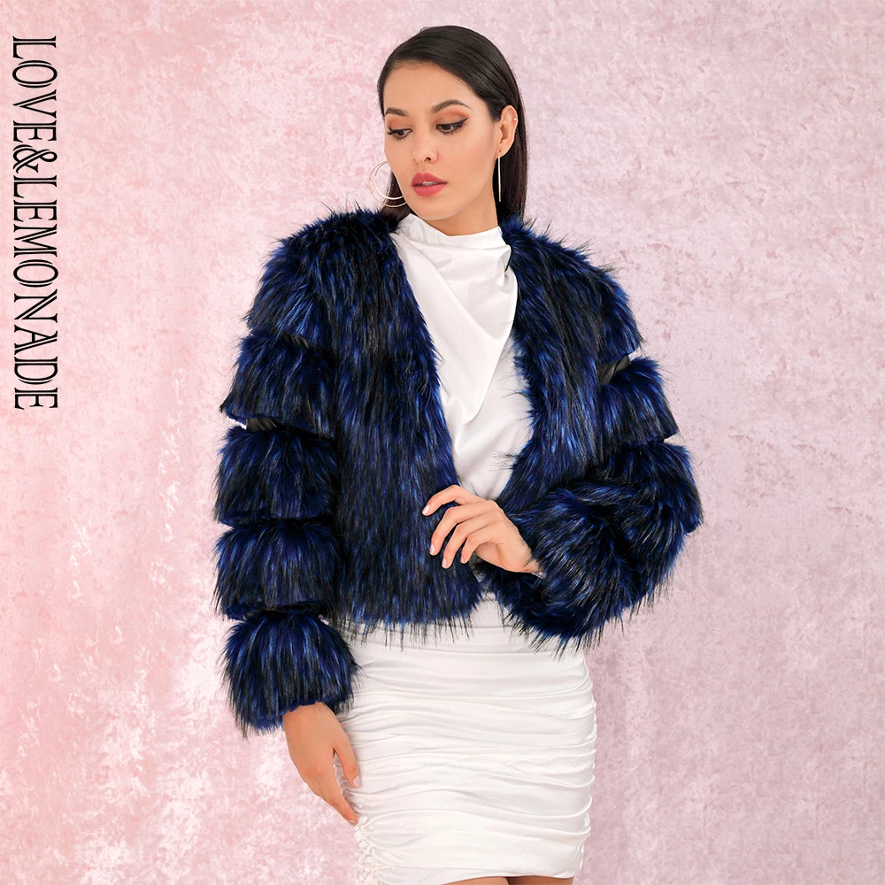 LOVE& LEMONADE сексуальное темно-синее короткое пальто из искусственного меха в темную полоску с круглым вырезом LM90126 осень/зима