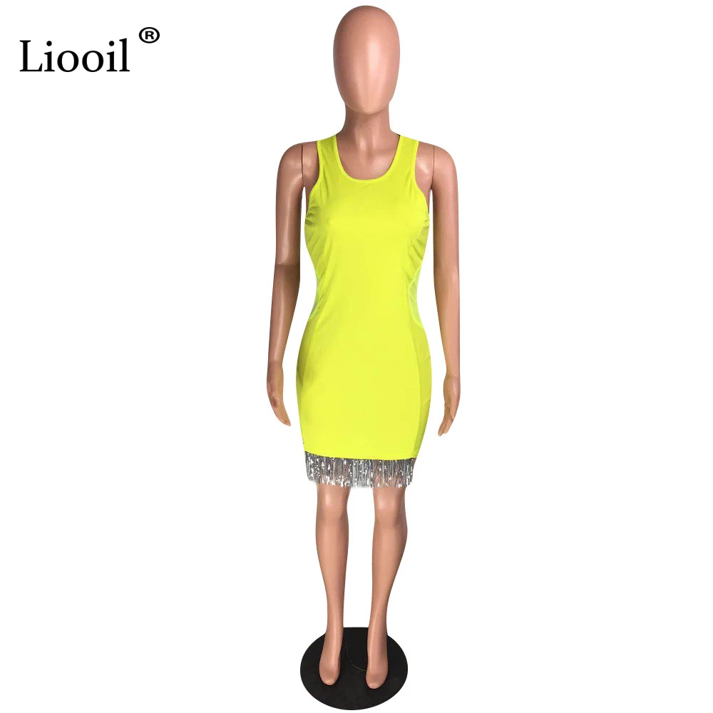 Liooil Mesh Tassel сексуальное облегающее мини-платье на бретелях Женская одежда для спортзала без рукавов неоновые оранжевые желтые вечерние облегающие платья