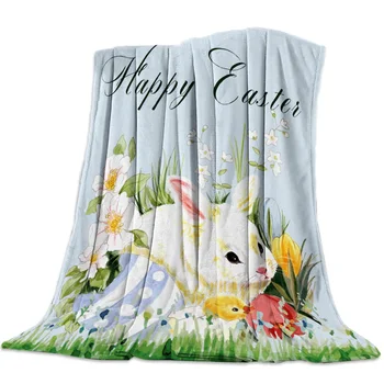 

Rabbit Easter Egg Blue Background Throw Blanket Sofa Bed Throw Blanket Kid Adult Warm Blanket for Beds Coral Fleece Fabric