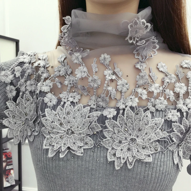 Turtleneck Women Knitted Sweaters and Pullovers 2021 Spring New Beaded Solid Lace Sexy Flower Embroidery Outwear Tops | Женская одежда