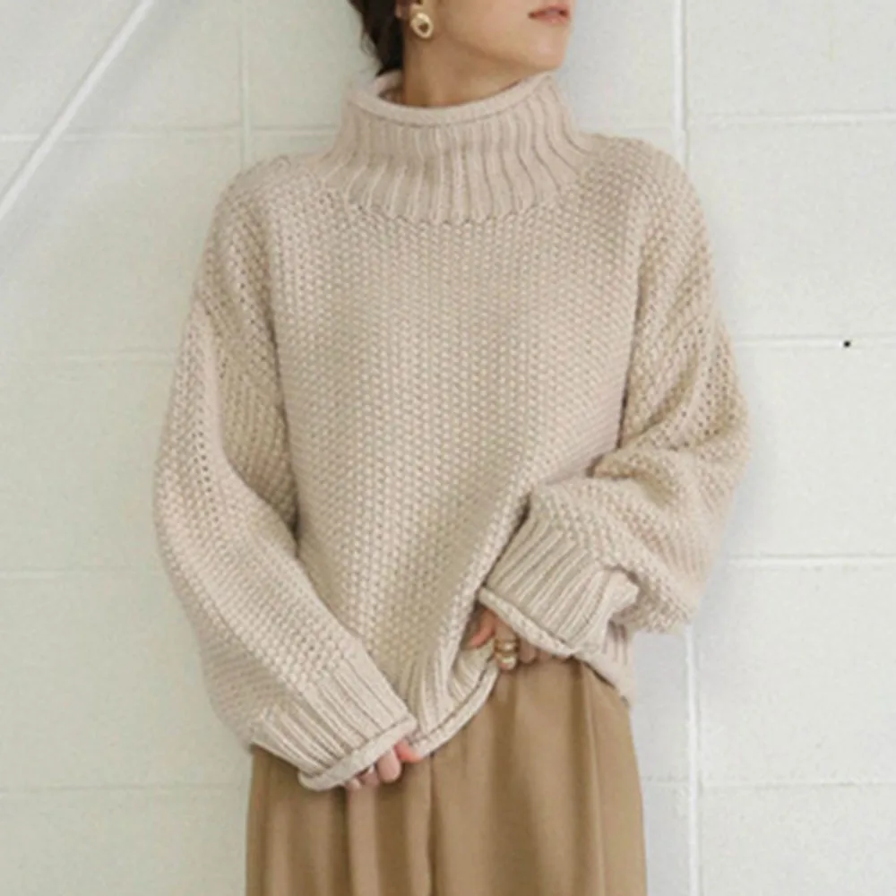 

2020 Japanese Fall Winter Turtleneck Female Daily Base Pullover Solid Long Sleeve Casual Women Loose Volume Thick Line Sweater