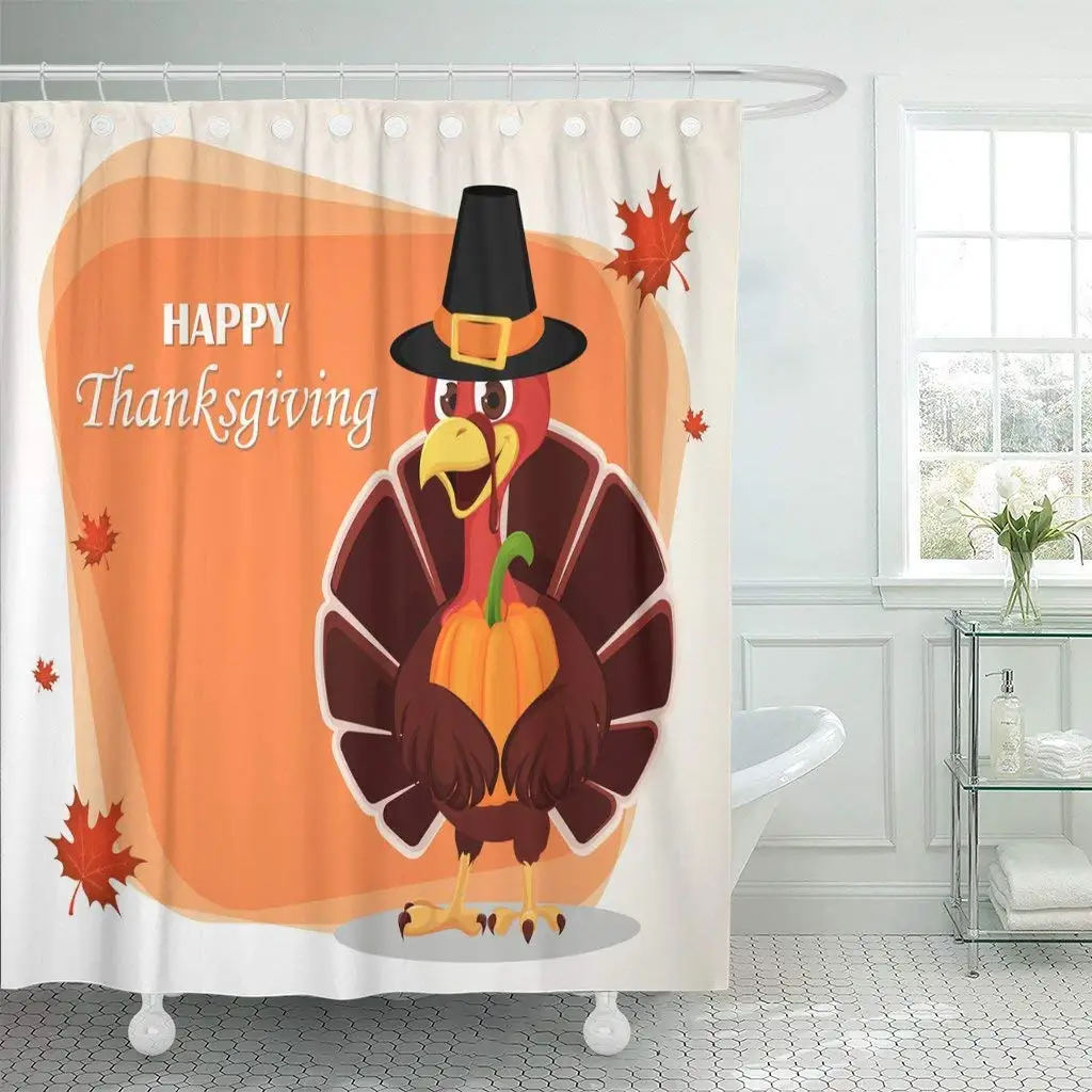 

Thanksgiving with Turkey Bird Wearing Pilgrim Hat and Holding Pumpkin Funny Cartoon Character for Holiday Shower Curtain