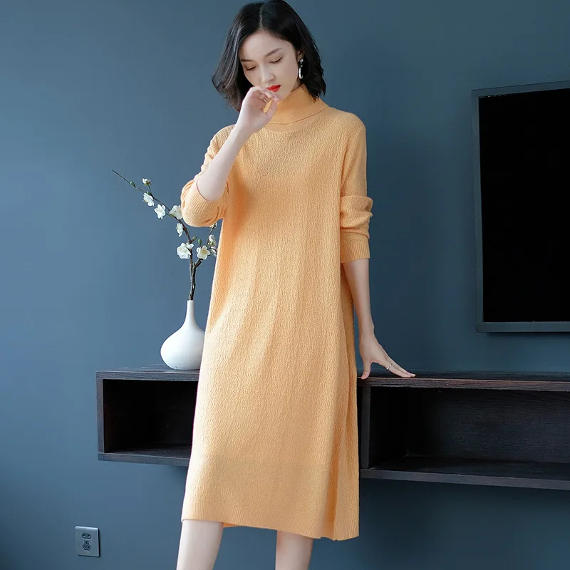 Осенний корейский женский пуловер с высоким воротом шерстяные трикотажные свитера платье женские свободные однотонные платья с пышной юбкой джемпер высокого качества