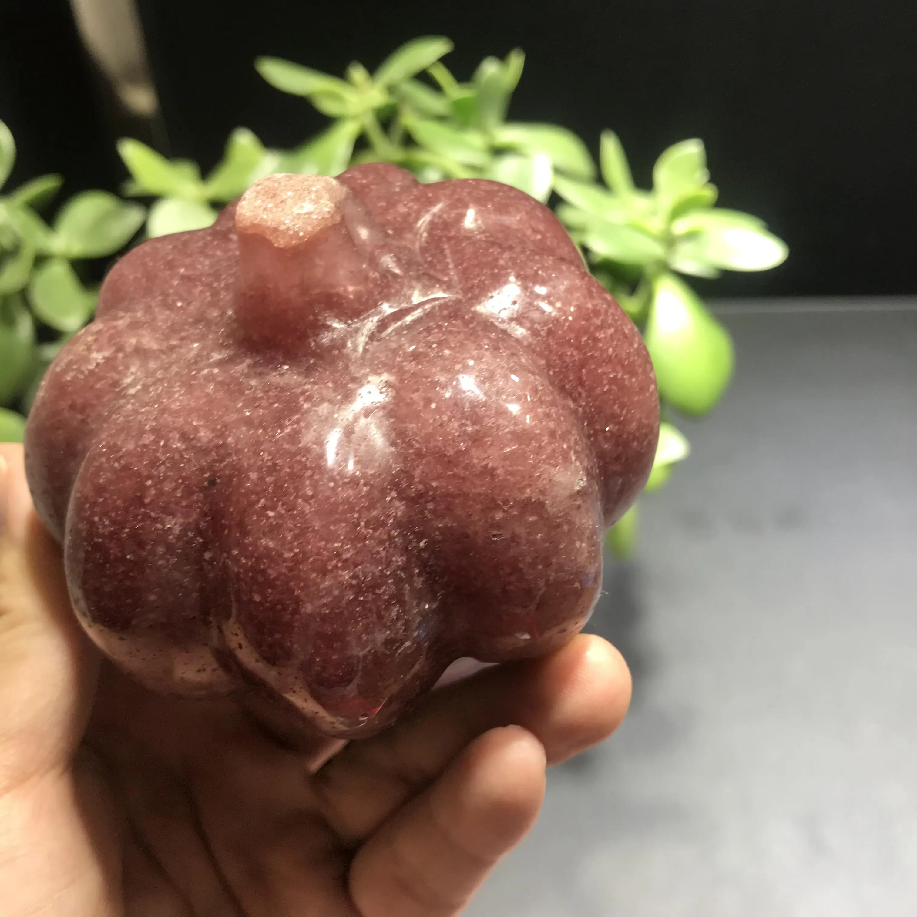 About 500g natural hand carving pink strawberry quartz pumpkin craft for Halloween