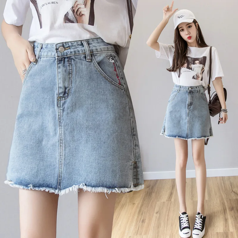 

INS Denim Skirt Short Skirt Women's Slim Fit High-waisted 2019 Summer South Korea Embroidered A- line Skirt Students Skirt Large