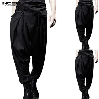 

INCERUN Fashion Elastic Waist Harem Pants Casual Black WideLeg Trousers Boy Streetwear Punk Baggy Cross-pants Male Black Bottoms