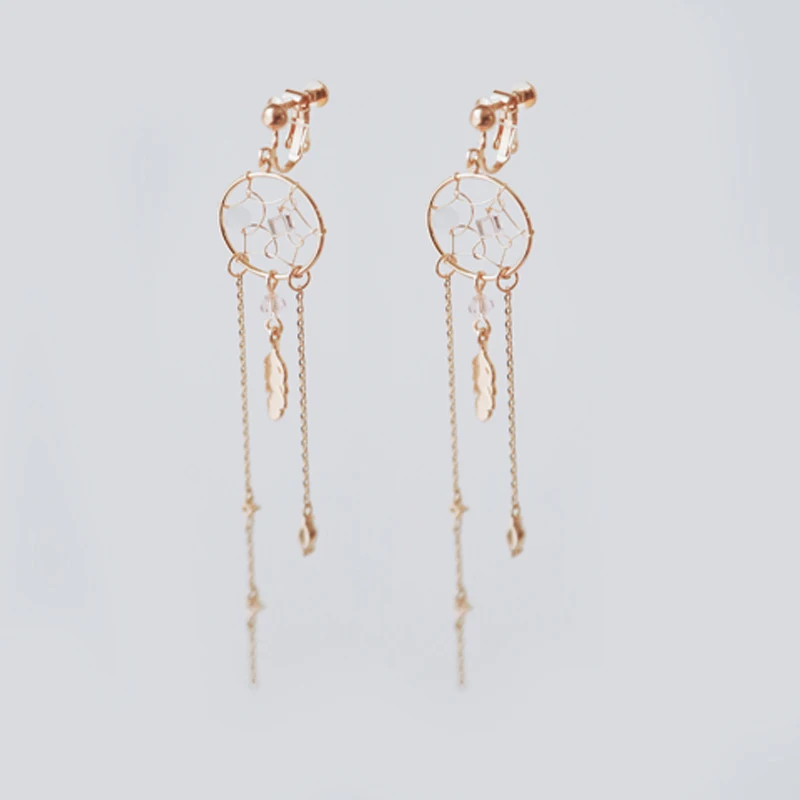 Morandi color earrings sterling silver super fairy autumn and winter retro dream catcher temperament wild long earrings - Окраска металла: Earless ear clip