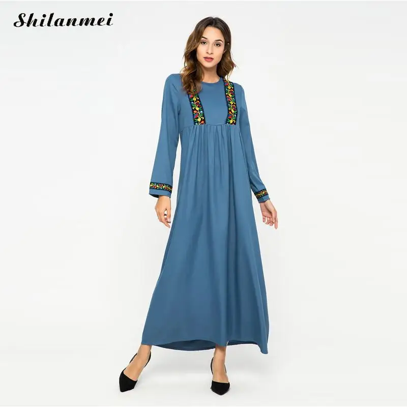 Вышитое Платье макси с длинным рукавом синее винтажное платье Vestido осеннее хлопковое длинное платье Элегантное цветочное женское мусульманское платье