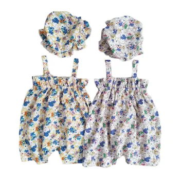 

0-24M Newborn Baby Girl Bodysuit Floral Strap Jumpsuit Sleeveless Sunsuit With Hat Summer Clothes Outfits