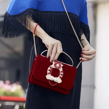 

New Lady Inlaid Diamond Velvet Small Square Bag One Shoulder Crossbody Handbag Lady Evening Party Fashion Bag