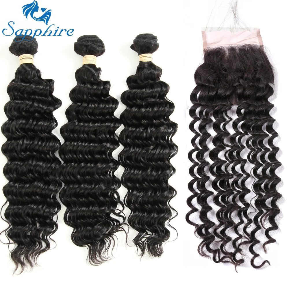 

Sapphire Brazilian Curly Hair Weave Bundles With Closure 3 Bundle With Lace Closure Human Hair Deep Wave Bundles With Closure