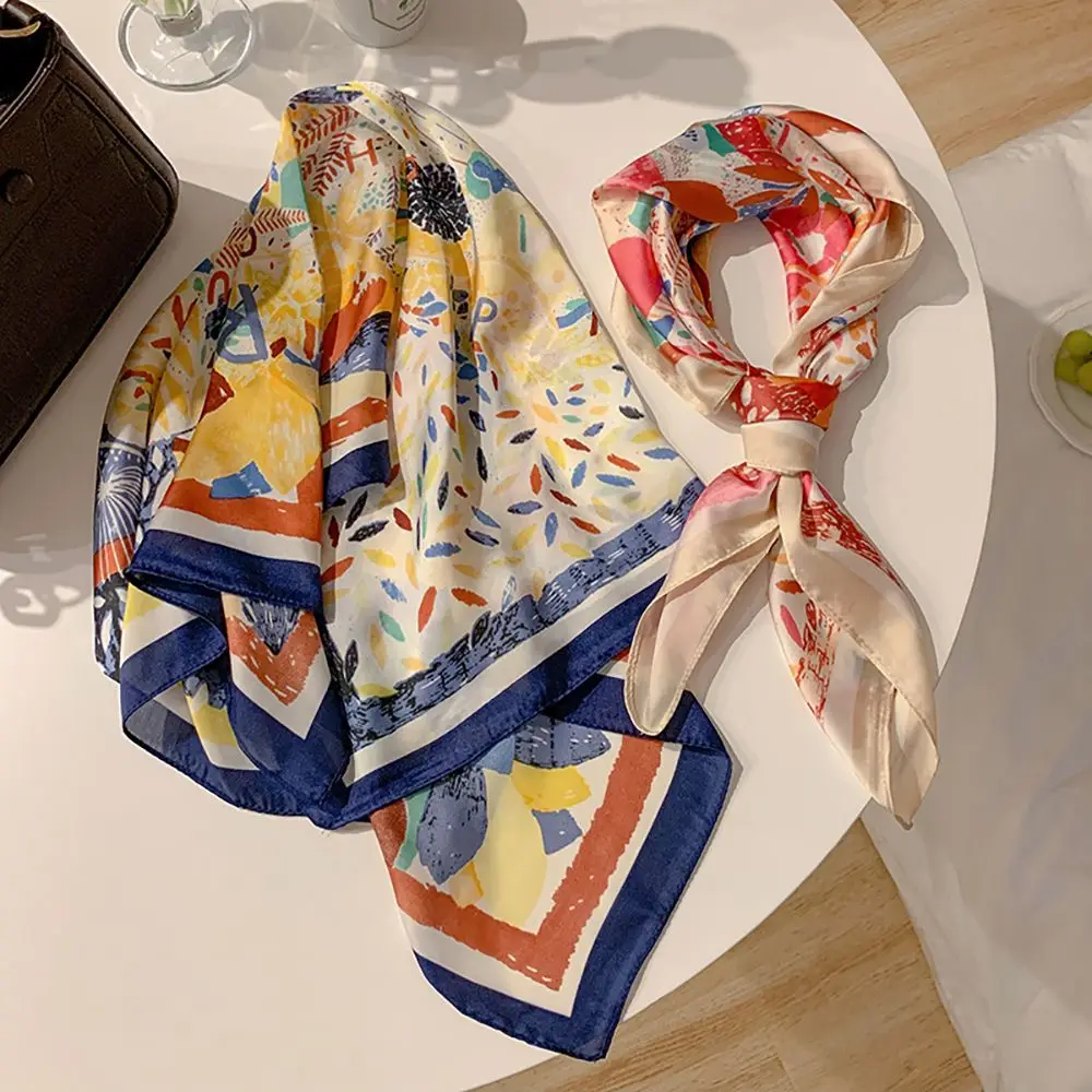 Retro Head Neck Silk Scarf Women Luxury Print Small Scarves Female Flower Stripe Wave Point Headscarf Beach Sunscreen Scarf,scarf accessories
