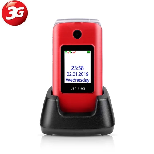 Красный Ushining 3G Mobile Flip Phone Feature Phone Dual Screen Dual SIM Red 3G Unlocked Senior Phones, Big Button Easy-to-Use Phone - Цвет: Красный