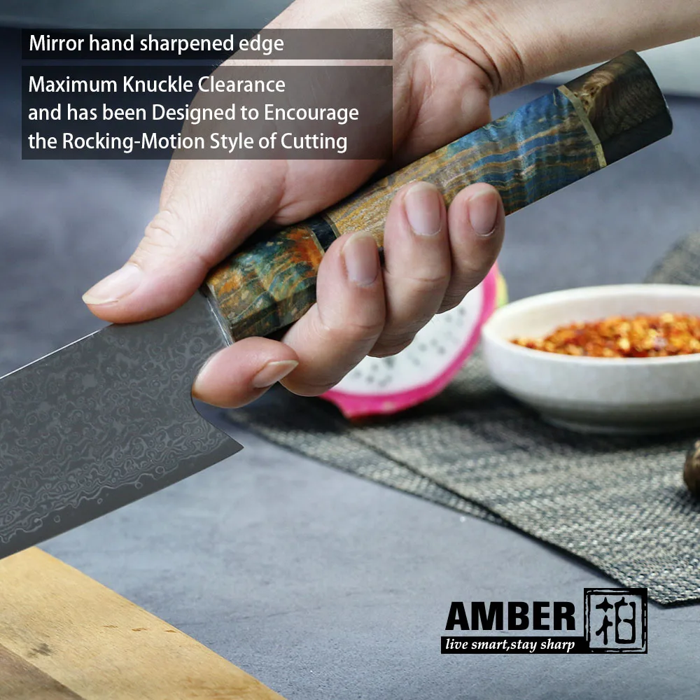 AMBER Chef's Nakiri Knife 67 Layers Japanese Damascus Steel Damascus Chef Knife 8 Inch Damascus Kitchen Knife Solidified Wood HD